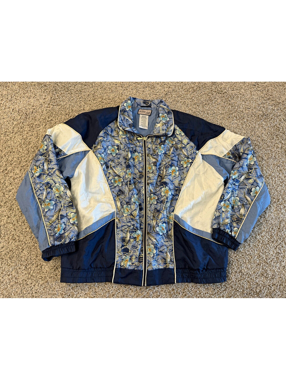 Vintage Blue Floral Windbreaker Jacket Women’s Medium Colorblock 90s Track Retro